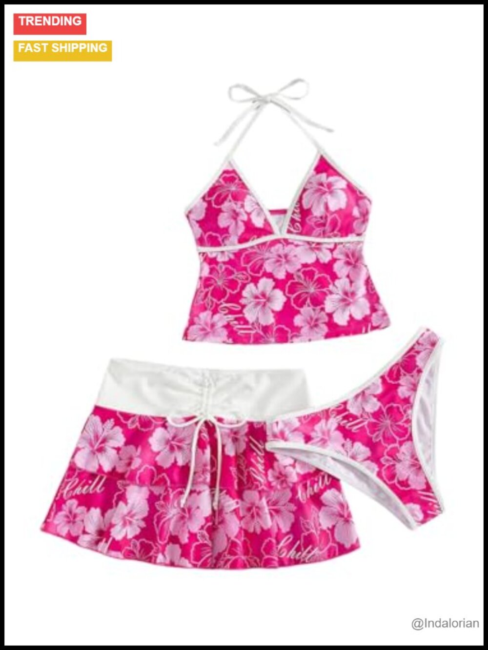 3 Piece Floral Tankini Set Halter Top High Waist Skirt Thong Swim